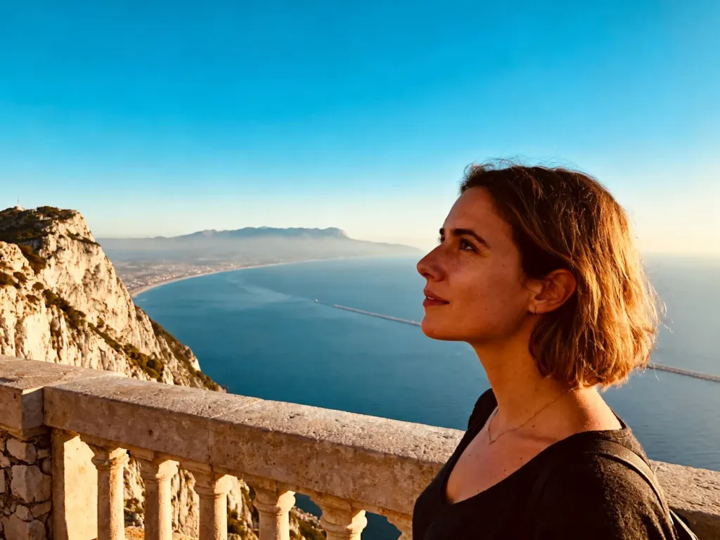 Kobieta podziwiająca panoramę Cieśniny Gibraltarskiej z widocznym w oddali wybrzeżem Afryki w świetle złotej godziny.