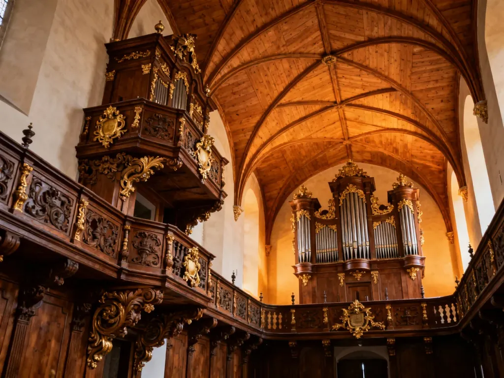 Wnętrze Kościoła Pokoju w Świdnicy z bogato zdobionymi drewnianymi emporami, barwnymi ornamentami i zabytkowymi organami.