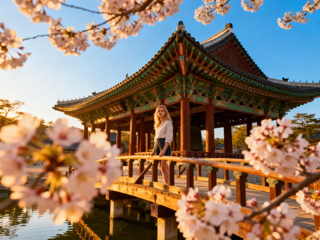 Młoda kobieta na drewnianym moście w ogrodach pałacu Gyeongbokgung, otoczona kwitnącymi wiśniami i tradycyjną architekturą.