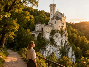 Mężczyzna podziwiający panoramę gór z nowoczesnej, drewnianej wieży widokowej otoczonej lasem.