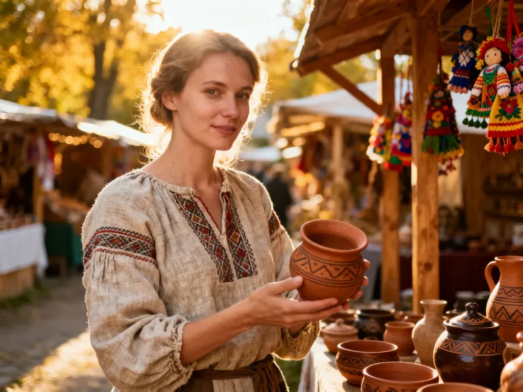 Rzemieślniczka prezentuje ręcznie wykonaną ceramikę na stoisku podczas Jarmarku Jagiellońskiego w Lublinie.