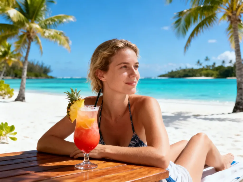 Kobieta odpoczywająca na piaszczystej plaży na Mauritiusie z tropikalnym drinkiem w tle turkusowego oceanu.