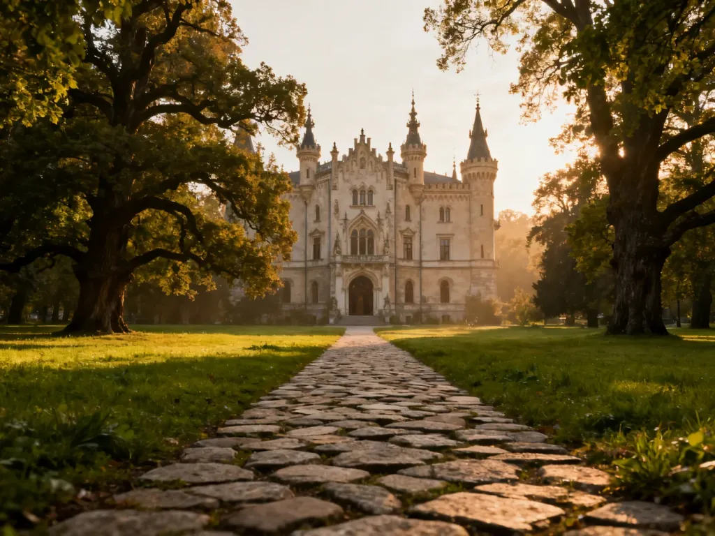 Majestatyczny neogotycki pałac w Kamieńcu Ząbkowickim z kamienną ścieżką prowadzącą do głównego wejścia w blasku zachodzącego słońca.