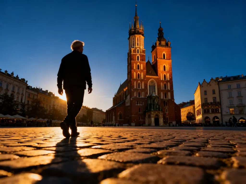 Bazylika Mariacka w Krakowie o zachodzie słońca z widocznymi gotyckimi wieżami na tle wieczornego nieba.
