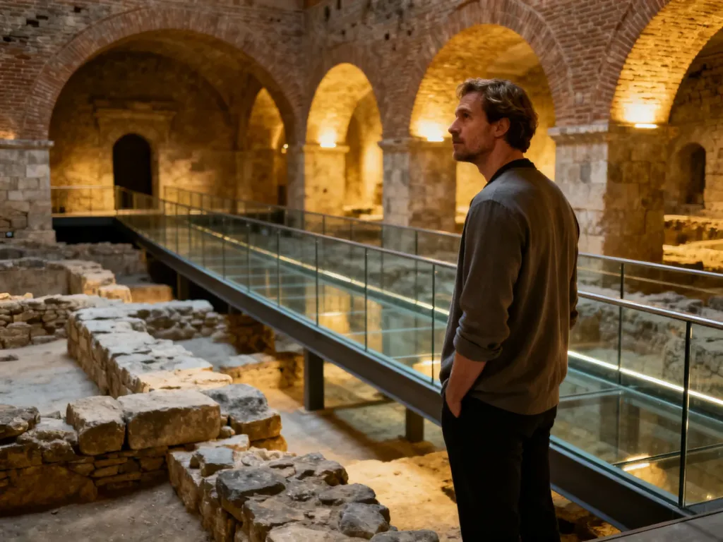 Turysta zwiedzający podziemne wystawy archeologiczne w krakowskich Podziemiach Rynku wśród średniowiecznych fundamentów.