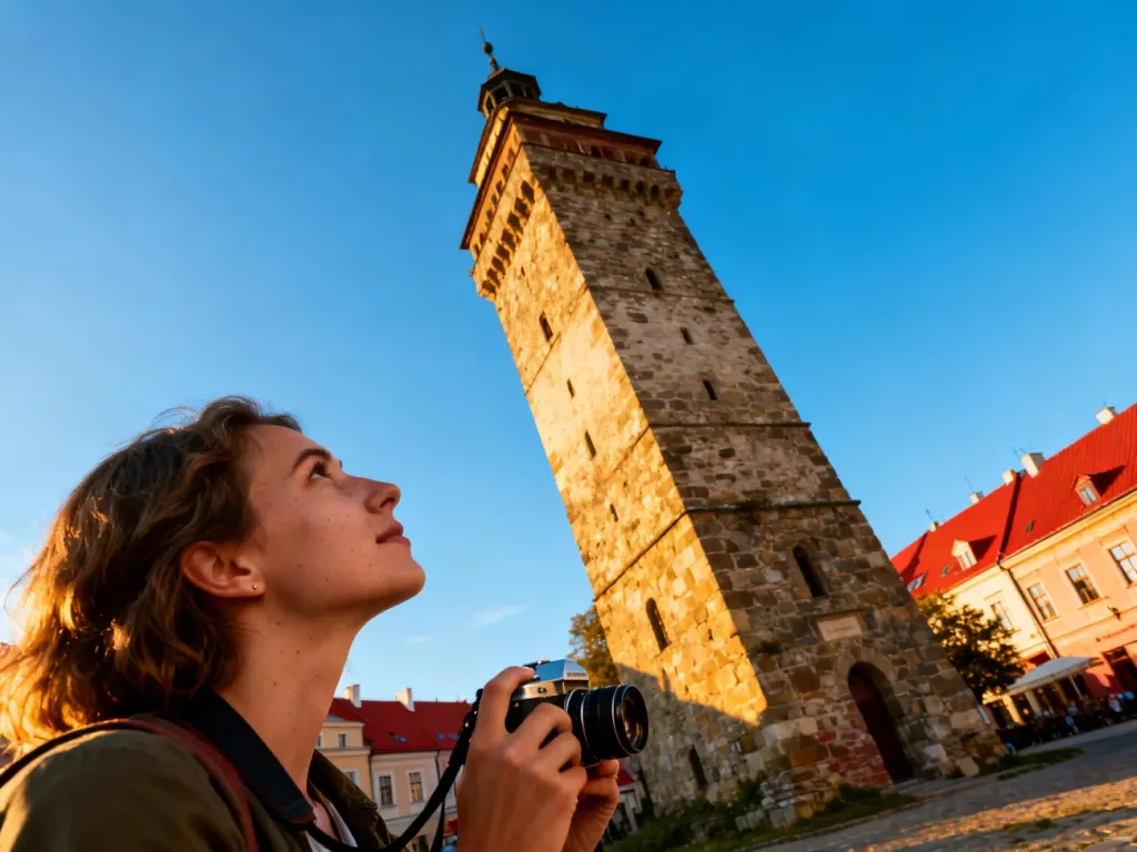 Turystka z aparatem fotograficznym podziwia Krzywą Wieżę w Ząbkowicach Śląskich w świetle zachodzącego słońca.