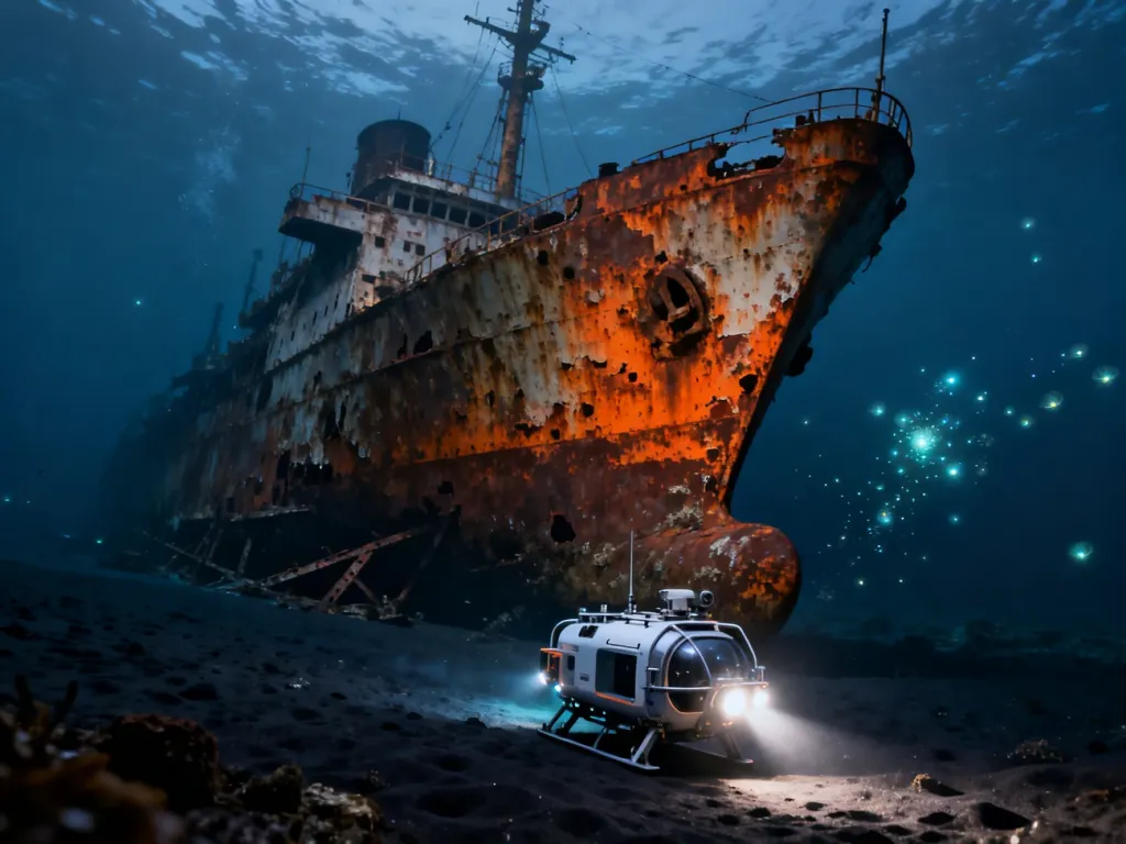 Podwodny łódź badawcza oświetla reflektorami zardzewiały dziób wraku Titanica spoczywający na dnie oceanu.
