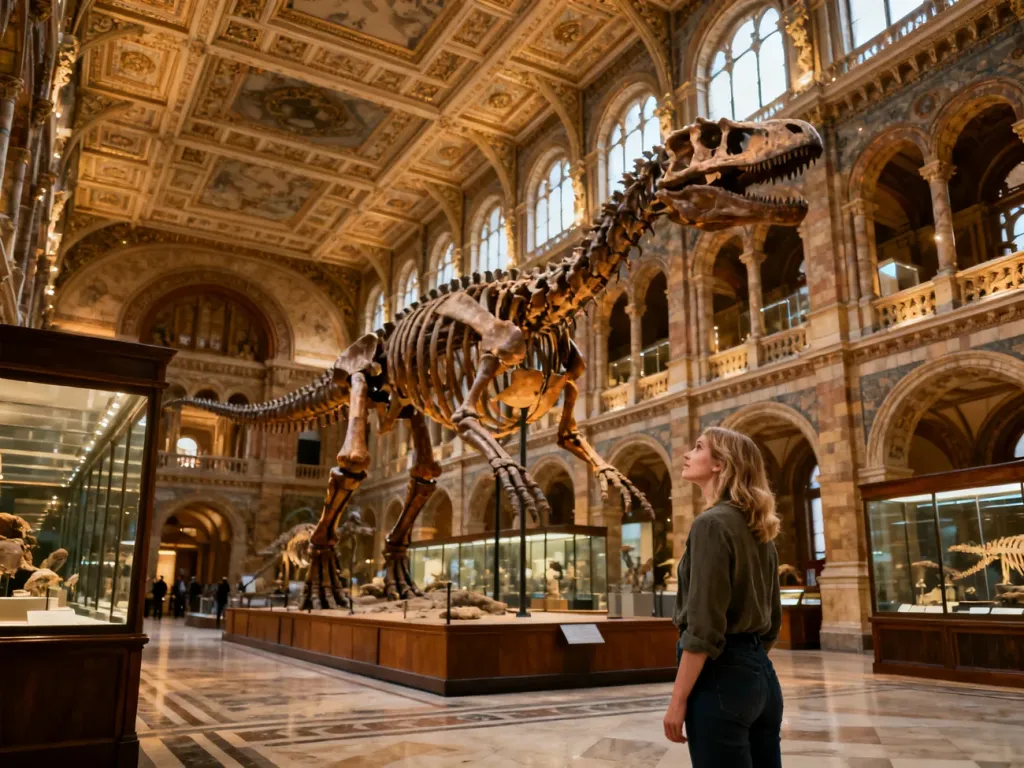 Turystka podziwiająca szkielet dinozaura w bogato zdobionych wnętrzach Muzeum Historii Naturalnej w Wiedniu.