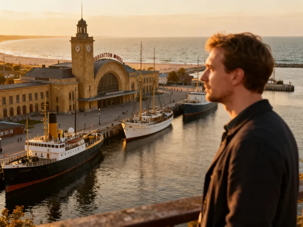Mężczyzna patrzący na port i zabytkowy budynek Dworca Morskiego, w którym mieści się Muzeum Emigracji w Gdyni.