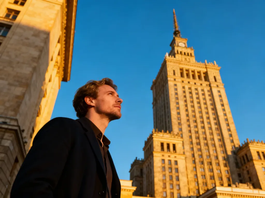 Mężczyzna patrzący w górę na monumentalny Pałac Kultury i Nauki w Warszawie o zachodzie słońca.