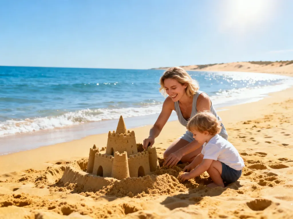 Mama z dzieckiem budują zamek z piasku na słonecznej plaży, ciesząc się wspólnym wypoczynkiem nad morzem.